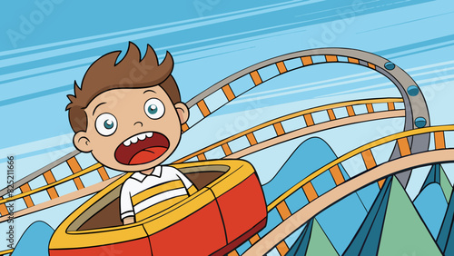 The young child grinned excitedly as they rode the rollercoaster looking ahead at the steep drops and sharp turns that lay ahead. The wind whipped. Cartoon Vector.