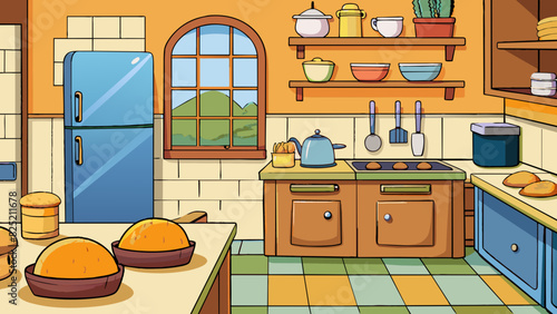 The warm inviting scent of fresh baked bread suggests a cozy and welcoming kitchen with the possibility of a delicious meal to come.. Cartoon Vector.
