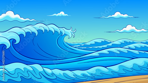 The waves of the ocean lapped gently against the shore their vivid blue hue shimmering in the sunlight and inviting you to dive in.. Cartoon Vector.