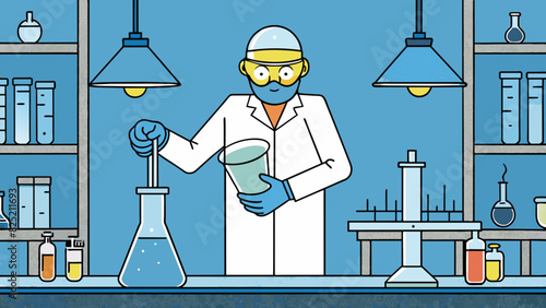 The work involves handling and inspecting delicate glassware under specialized lighting and protective equipment within a sterile laboratory setting.. Cartoon Vector.