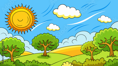 Tomorrows weather will be warm and inviting with the sun shining brightly in a clear blue sky and a gentle breeze rustling through the trees.. Cartoon Vector.