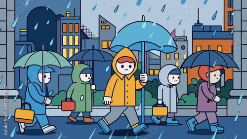 Tuesday brings a change of pace as dark grey clouds roll in signaling the arrival of rain. Umbrellas and raincoats are suddenly the most popular. Cartoon Vector.