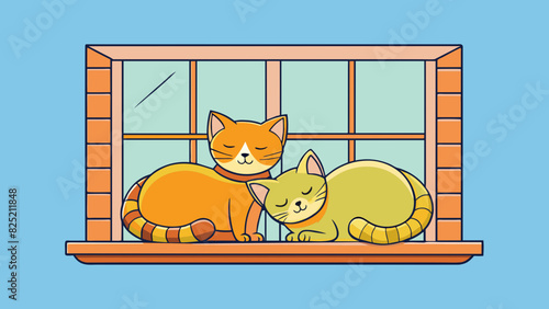 Two cats curled up together on a windowsill their tails entwined and their soft purrs creating a harmonious and content atmosphere.. Cartoon Vector.