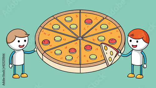 Two friends splitting up a giant pizza into equal slices making sure to count the total number of slices to ensure fairness.. Cartoon Vector.