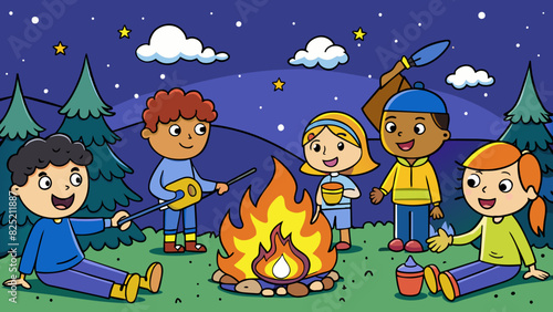 Under a starfilled sky a group of friends gathers around a campfire. They roast marshmallows on sticks and tell stories while the flames crackle and. Cartoon Vector.