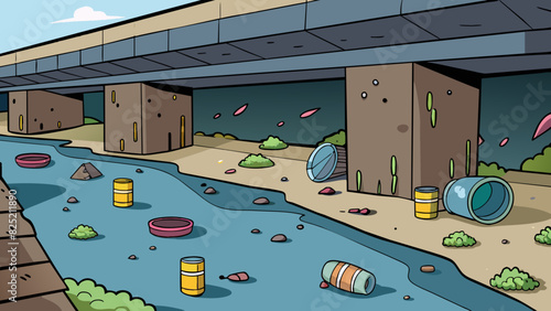 Underneath a bridge there is a dark and damp tunnel with graffiti covering the walls. There are piles of empty soda cans and used needles tered on the. Cartoon Vector.
