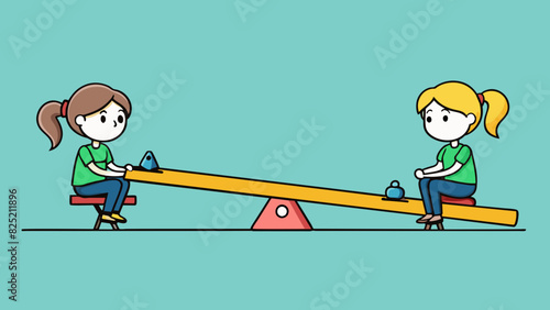 Two people are sitting at opposite ends of a seesaw with one persons feet on the ground and the others in the air. They are taking turns talking and. Cartoon Vector.