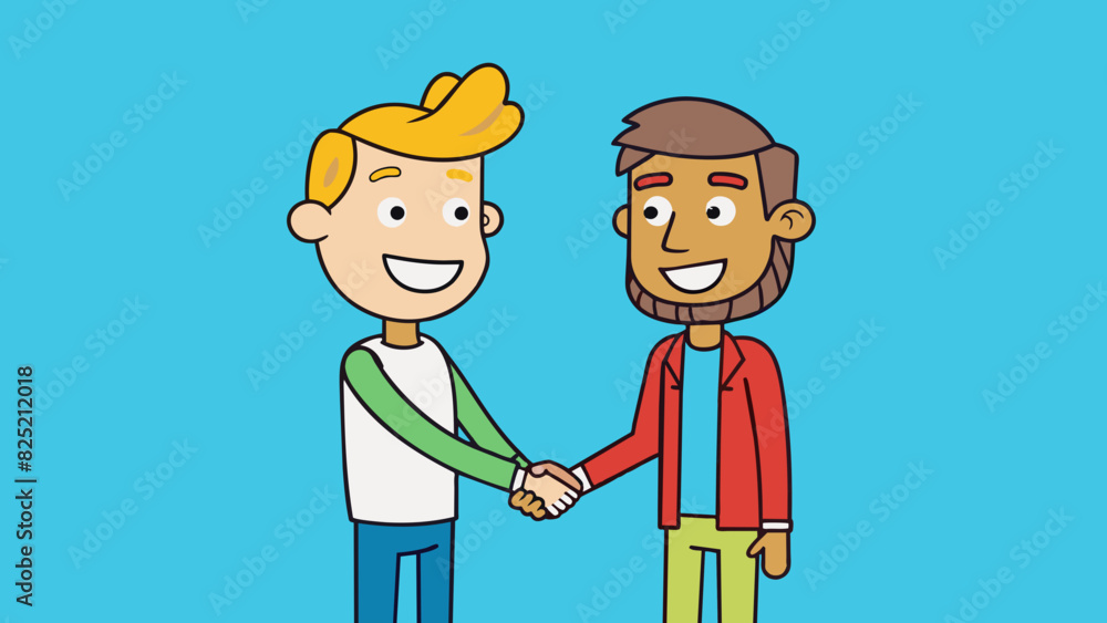 Two individuals standing facetoface exchanging a firm handshake while smiling and making friendly eye contact.. Cartoon Vector.