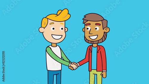 Two individuals standing facetoface exchanging a firm handshake while smiling and making friendly eye contact.. Cartoon Vector. photo