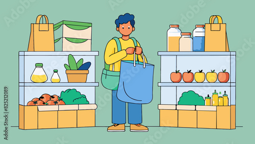 While browsing in a grocery store a shopper loads up their reusable tote bags with fresh produce and pantry staples. The bags are made of sy canvas. Cartoon Vector.