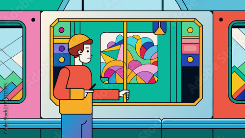 While riding the train to work a commuter notices a poster advertising an upcoming art exhibit. The poster is filled with vibrant colors and intricate. Cartoon Vector.