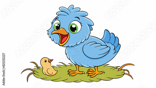 A baby bird chirping eagerly its fluffy feathers ruffled as it hungrily awaits its mothers return with a beak full of worms.. Cartoon Vector. photo