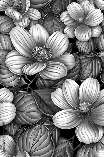 A black and white floral pattern with a white flower in the center