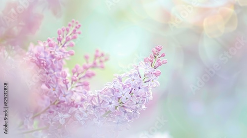 Close-up photo of vibrant purple lilac flowers with a soft, bokeh-filled pink and purple background, creating a dreamy and romantic atmosphere.