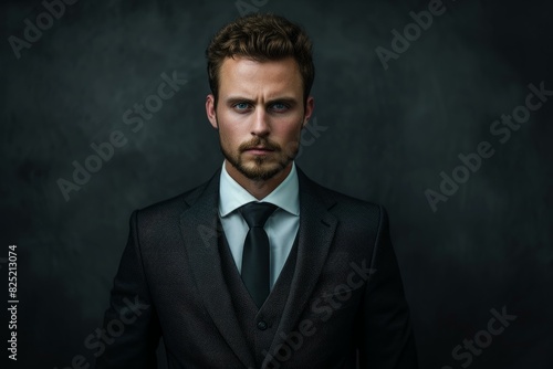 Confident and stylish young businessman in a modern suit and tie posing for a corporate headshot with a serious and intense gaze. Exuding charisma and determination. Against a dark background