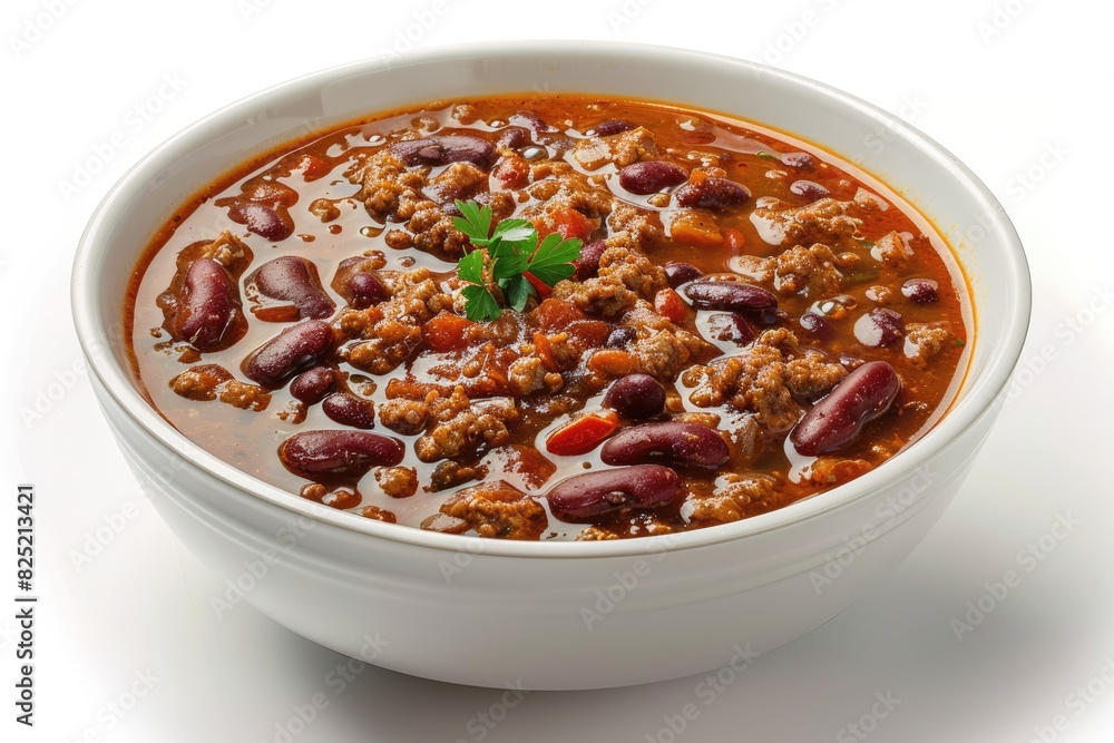 Bowl of hearty chili with beans and meat on a white background Bowl of hearty chili with beans and meat on a white background