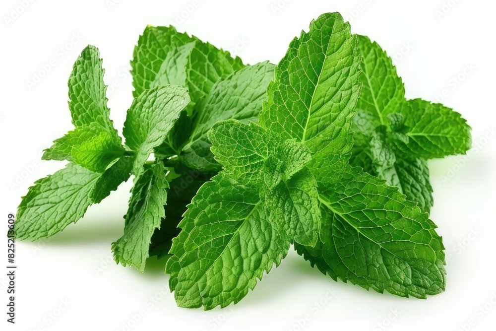 Fresh mint leaves with detailed veins isolated on white background Fresh mint leaves with detailed veins isolated on white background