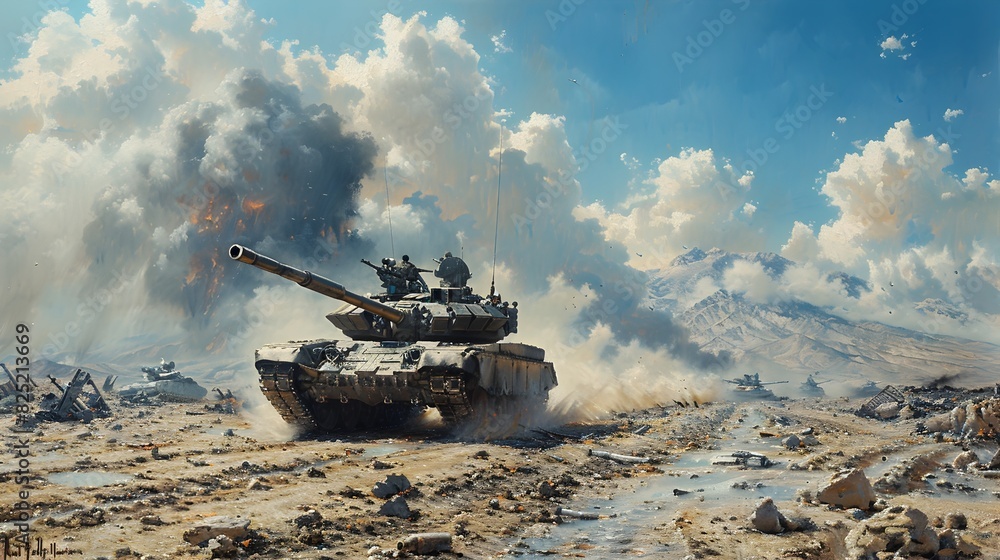 Formidable Armored Forces Clash Amid Billowing Clouds of Smoke and Dust on Rugged Battlefield
