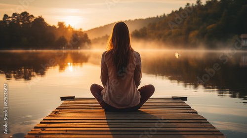 woman meditating on the lake at sunrise photo