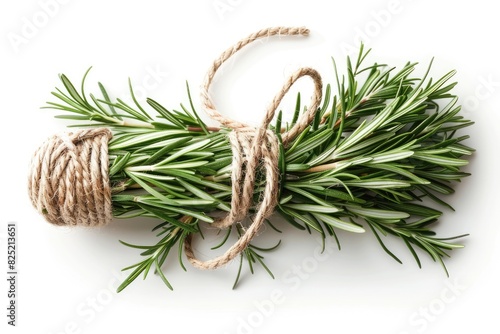 Fresh rosemary sprigs tied together with twine isolated on white background photo