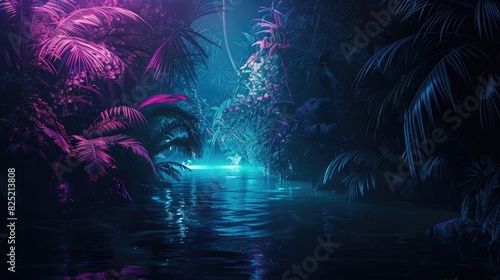 Glowing neon river running through a dense forest with central copy space photo