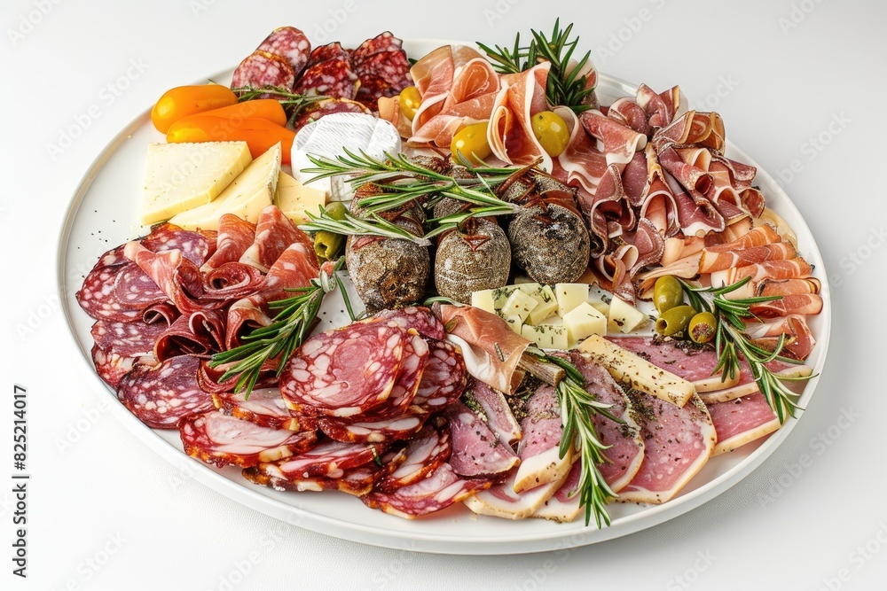 Plate of gourmet charcuterie with meats and cheeses on a white background Plate of gourmet charcuterie with meats and cheeses on a white background
