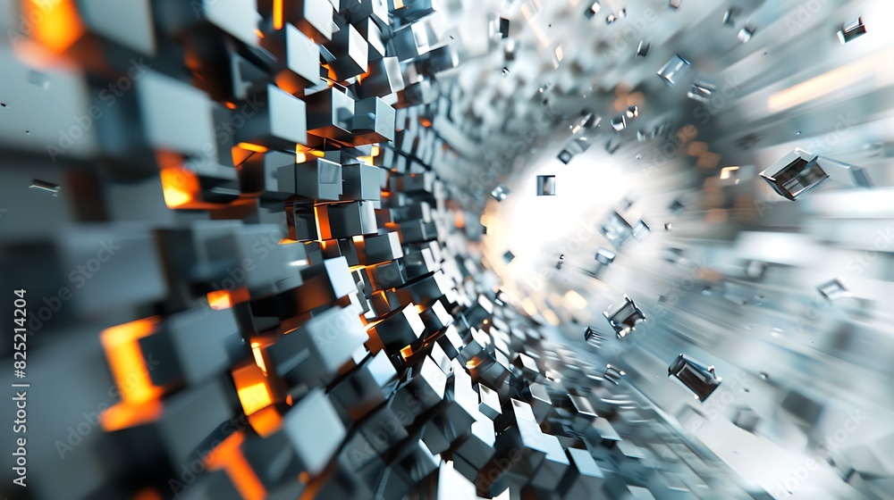 Obraz premium Abstract 3D rendering of a tunnel made of glowing cubes.