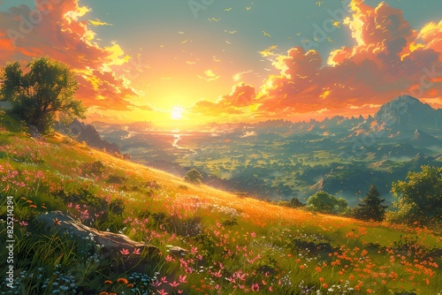 Magnificent Sunset Over Sprawling Mountainous Landscape with Lush Meadow and Flowing River