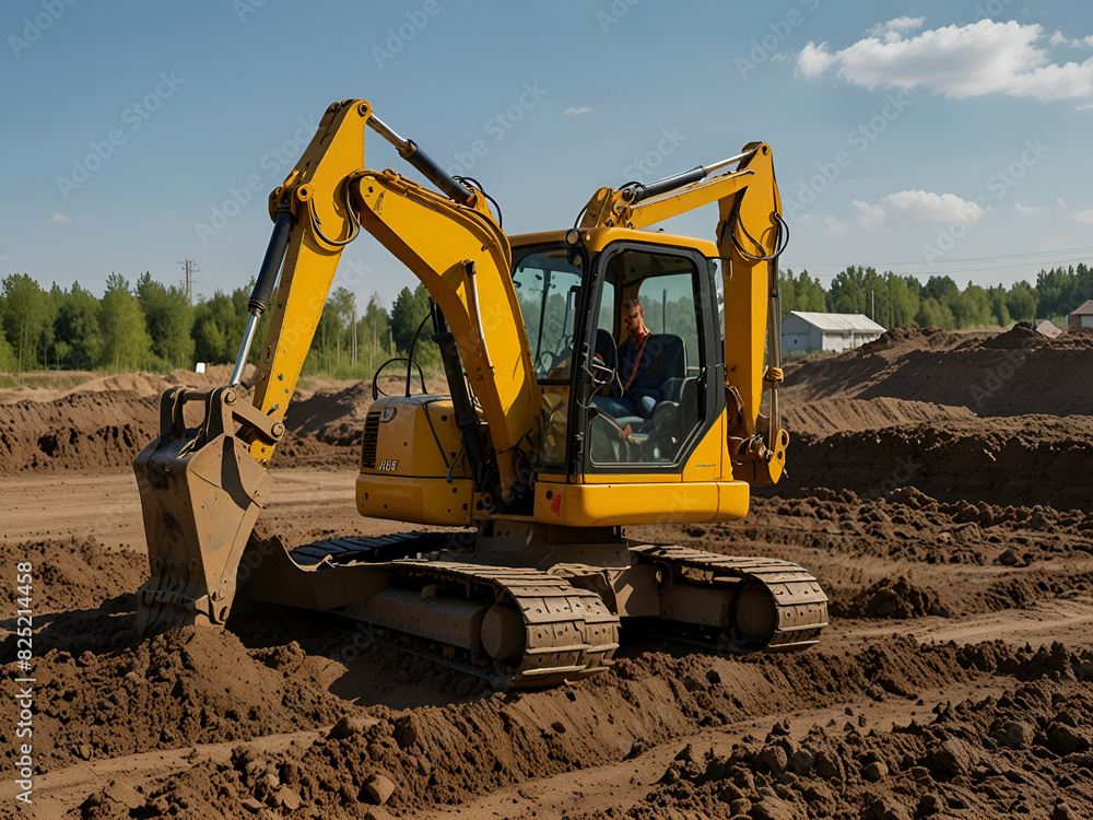 Excavator at a construction site, excavator at work Excavator at a construction site, excavator at work