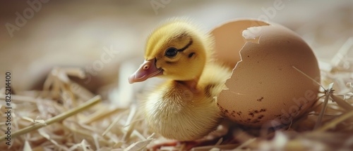 A cute yellow duckling hatching from its egg in a nest of hay photo