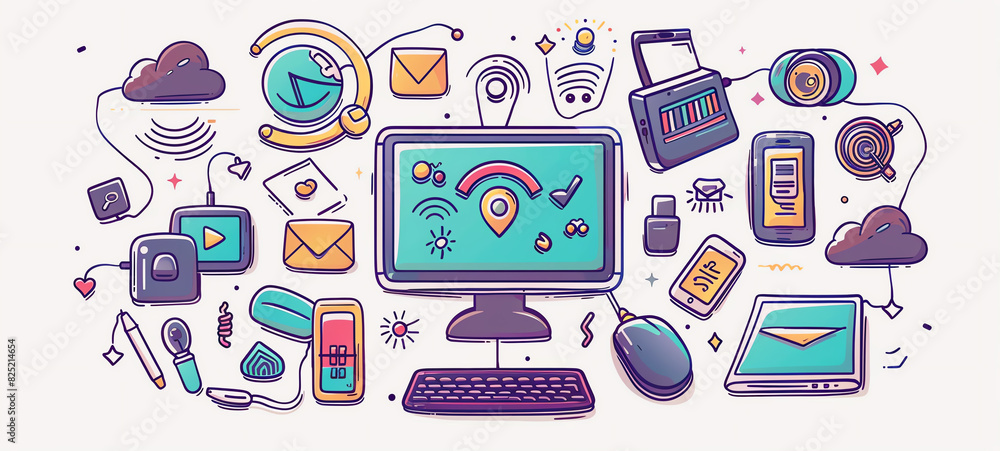 internet connectivity tools, flat design, top view, online communication setup, cartoon drawing, complementary color scheme. internet connectivity tools, flat design, top view, online communication setup, cartoon drawing, complementary color scheme.