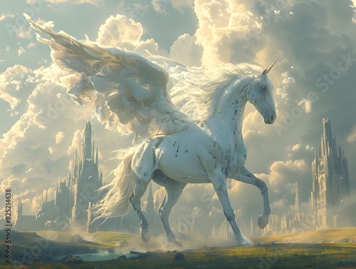 Majestic Winged Unicorn Soaring Above Enchanting Medieval Castle in Ethereal Landscape © sathon