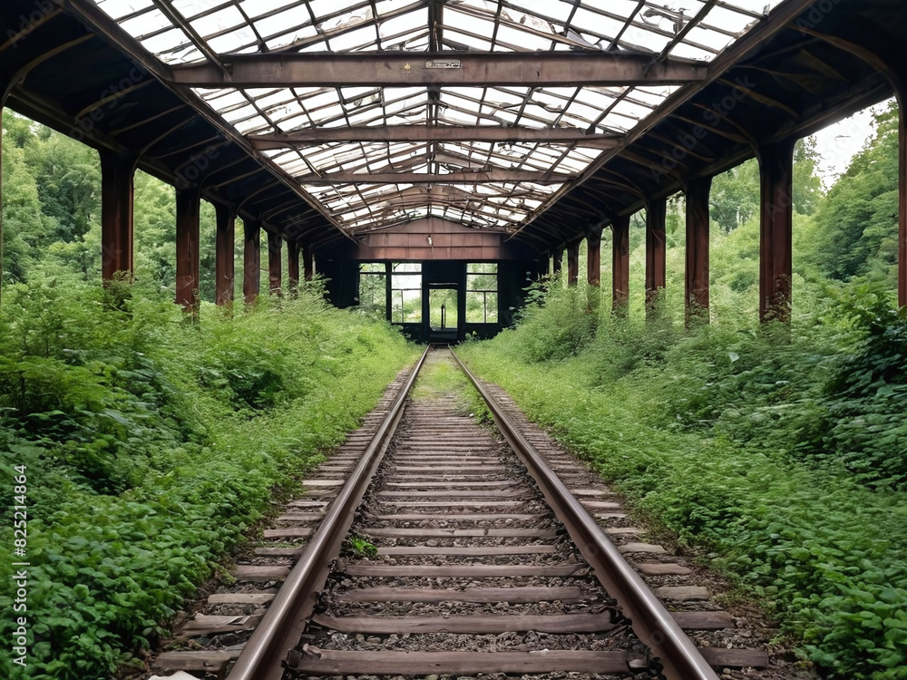 Abandoned train station with overgrown tracks Abandoned train station with overgrown tracks