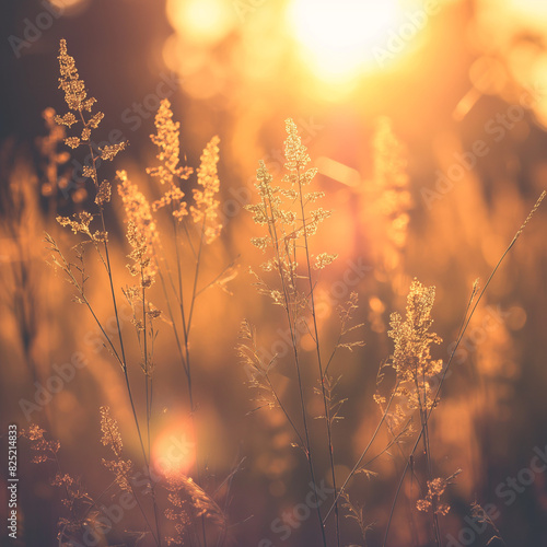 sunset in the grass Sunset Macro Photography of Wild Grass in the Forest © iram