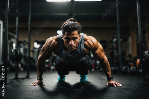Focused young man doing pushups as part of his workout routine in a wellequipped gym