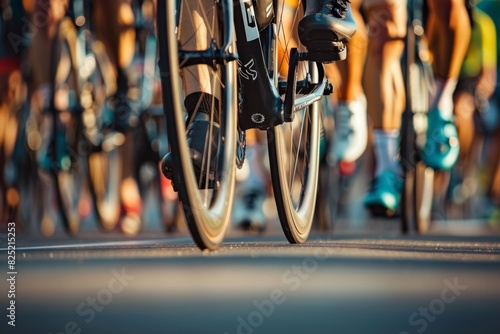 Cyclists Racing on Road - Close-Up of Legs and Cycling Shoes - Power and Rhythm of Professional Cycling Race