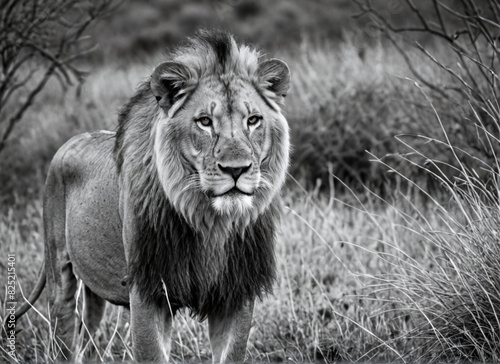 Black and white portrait of a lion in the wild