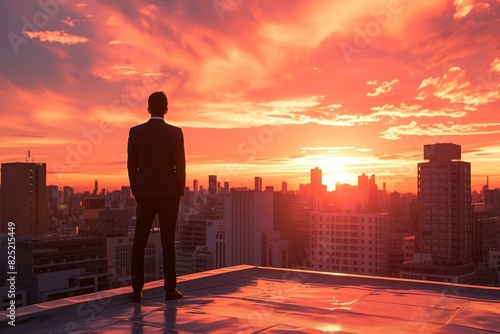 Silhouette of a man in a suit overlooking the city skyline during a vibrant sunset