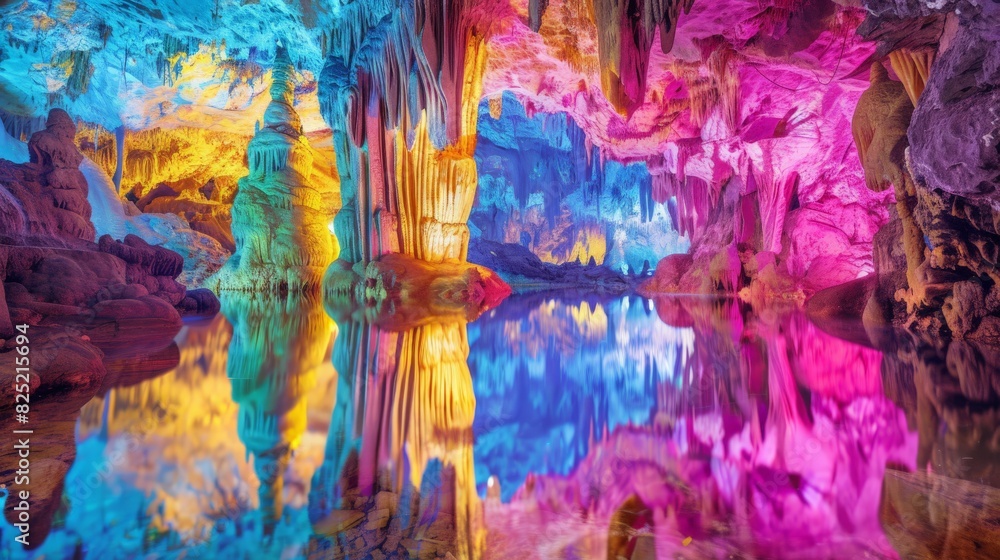 color photo of a wondrous underground paradise, a magical cave adorned with delicate formations of gleaming crystals, 