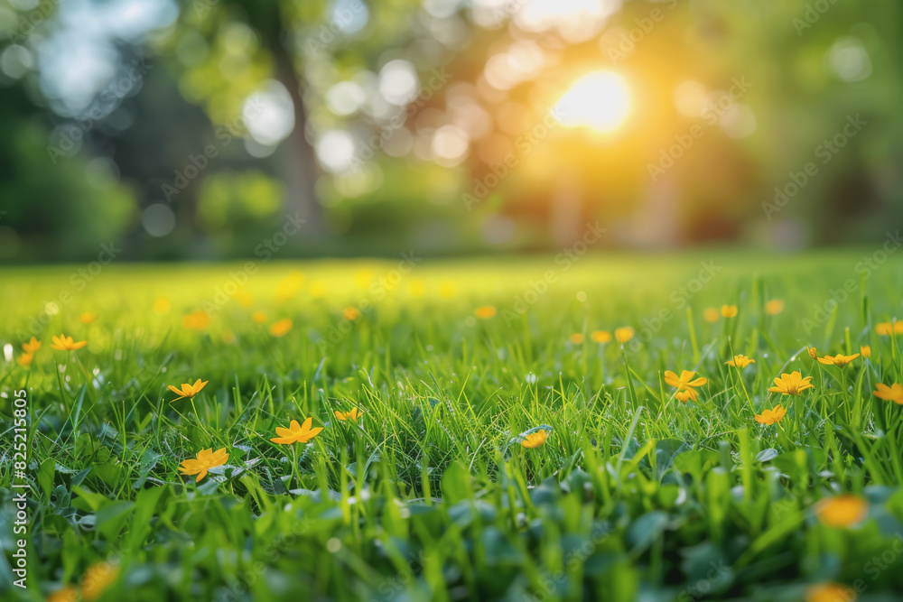 natural background. Juicy young green grass and wild yellow flowers outdoors in the morning natural background. Juicy young green grass and wild yellow flowers outdoors in the morning