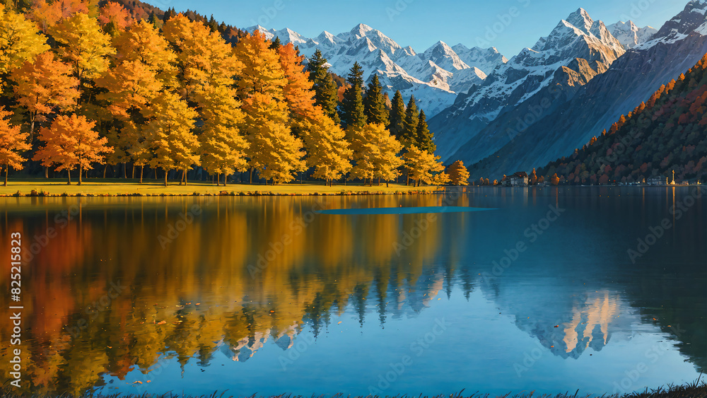 Anime wallpaper of natural scenery, quiet, peaceful lake in autumn in Europe