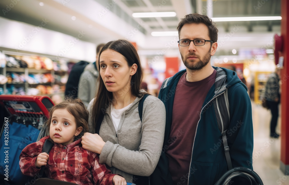 Obraz premium Young family with worried expressions shopping in a grocery store aisle