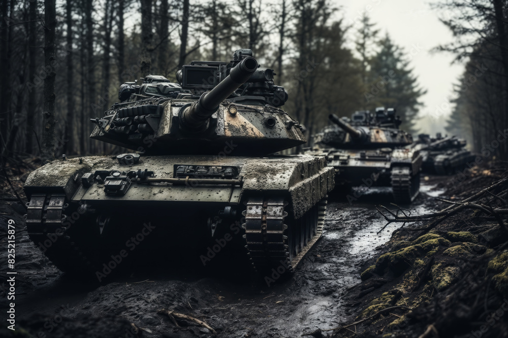 Convoy of camouflaged military tanks advances through a misty forest, showcasing military might Convoy of camouflaged military tanks advances through a misty forest, showcasing military might