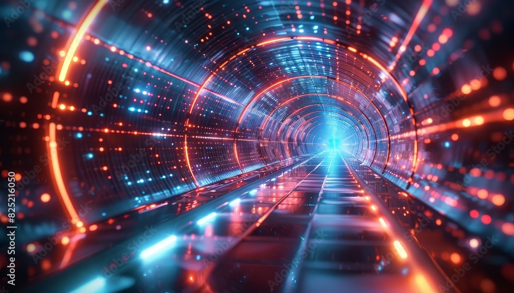 Obraz premium A tunnel with blue and orange lights by AI generated image
