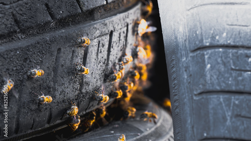 Fotografi Image of a yellow and black Indian honey bee or Apis cerana are climbing on an old car tire, the bee looking for a nesting site
