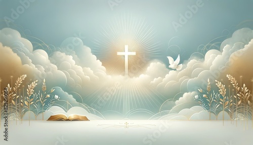 Poster on a religious theme 19. A stylized image of a shining cross, the Bible and a dove in the sky among the clouds, copy space. For advertising, presentations, postcards