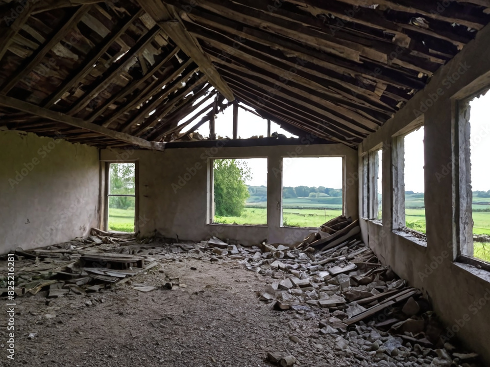 Empty and decayed farmhouse with collapsed roof Empty and decayed farmhouse with collapsed roof