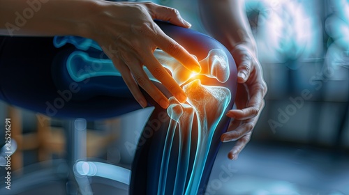  3d X-ray rendering of the knee joint, with a hand touching the pain point  photo