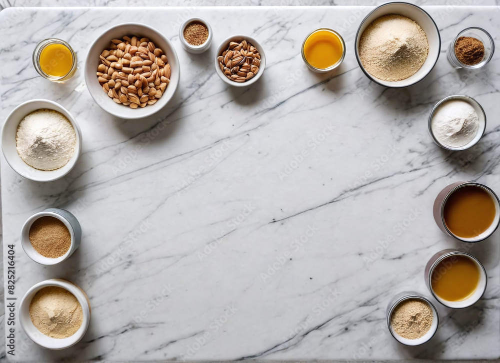 Flat lay of baking ingredients on a marble countertop Flat lay of baking ingredients on a marble countertop