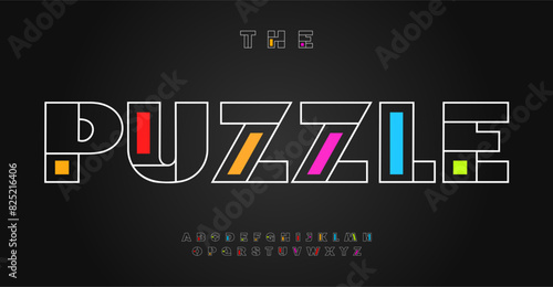 Colorful puzzle font, shapes and outline alphabet, bold playful typeface for toy logo, eye-catching headlines, toy typography, engaging fun typographic design. Vector typeset